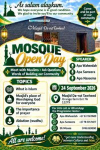 Open Day poster for Masjid Da-rut Tawheed