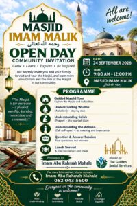 Open Day poster for Masjid Imam Malik