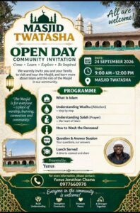 Open Day poster for Masjid Twatasha