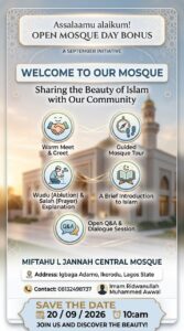 Open Day poster for Miftahu-l Jannah Central Mosque