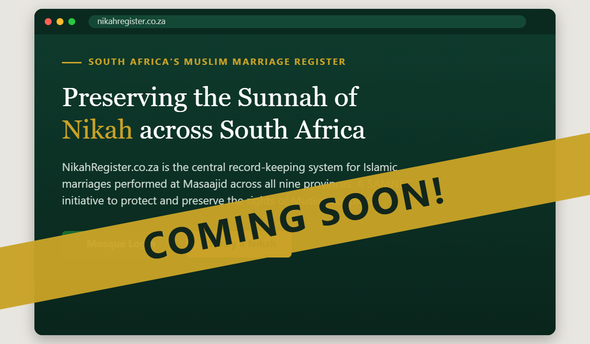 The NikahRegister.co.za home page with a Coming Soon banner across it