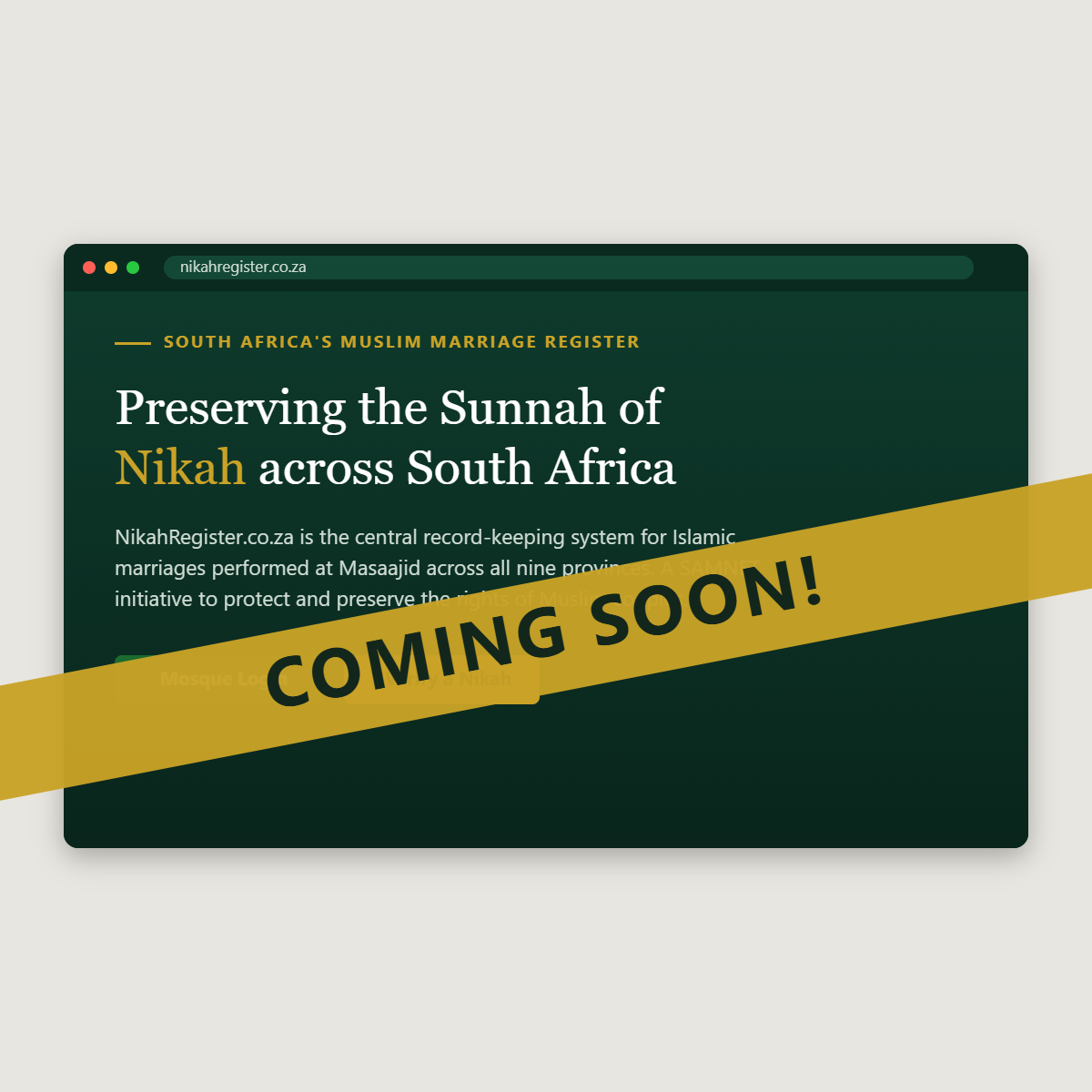 The NikahRegister.co.za home page with a Coming Soon banner across it