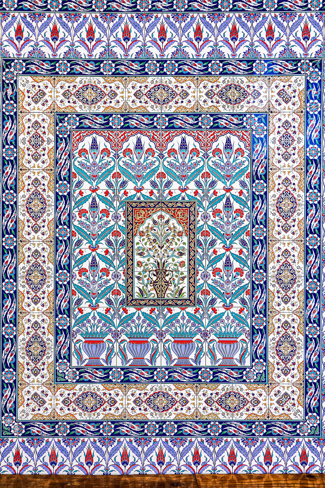 Detail of blue and white geometric tilework at the Nizamiye Mosque, Midrand